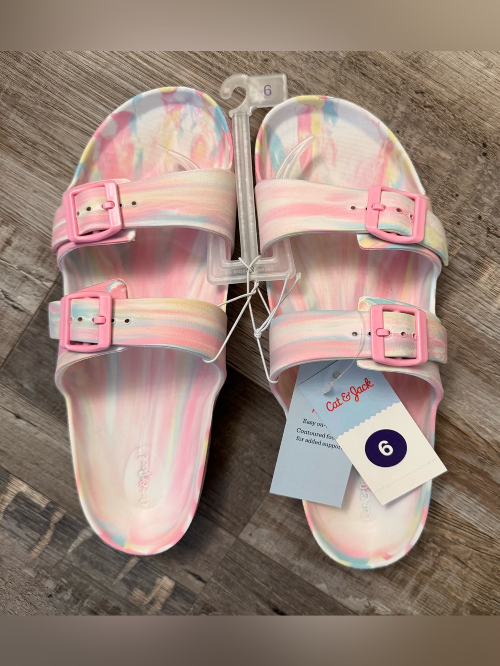 NWT Cat & Jack Pastel Tie-Dye Double Buckle Slide Sandals Girls Size 6